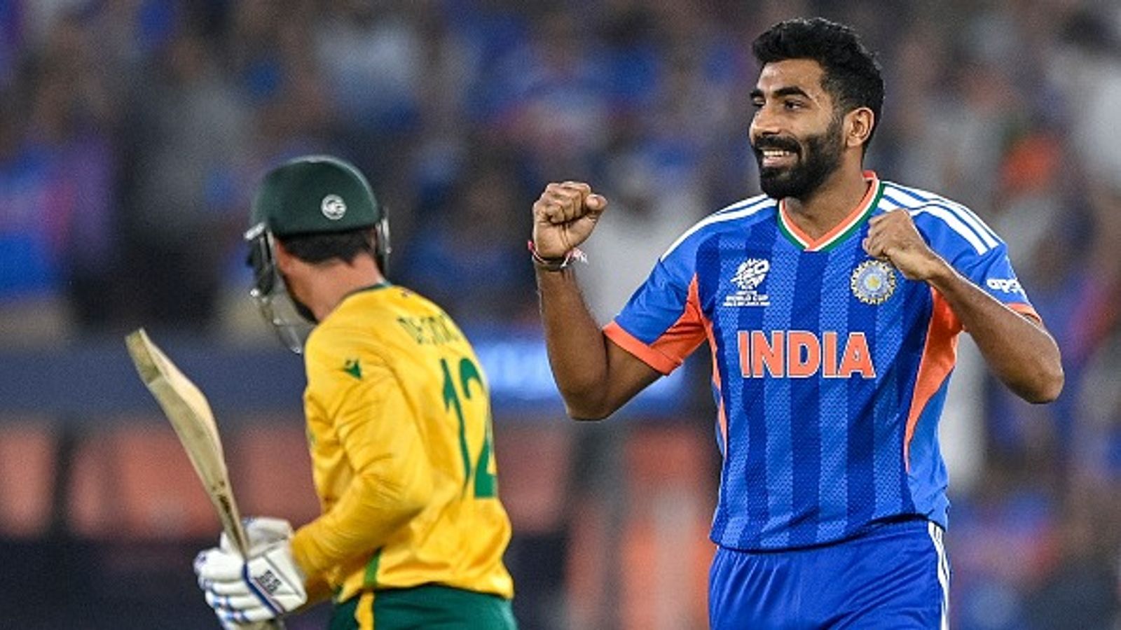 T20 World Cup: Jasprit Bumrah breaks India's all-time record with fiery 3-fer against South Africa India's Jasprit Bumrah (R) celebrates after taking the wicket of South Africa's Quinton de Kock in this frame. (Getty)