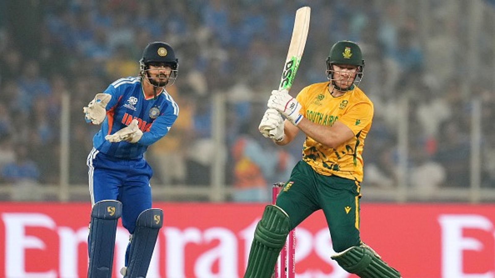 Miller, SA hand India their biggest defeat T20 World Cup defeat with crushing 76-run win in Super 8 South Africa's David Miller (R) in action as India's Ishan Kishan looks on in this frame. (Getty)