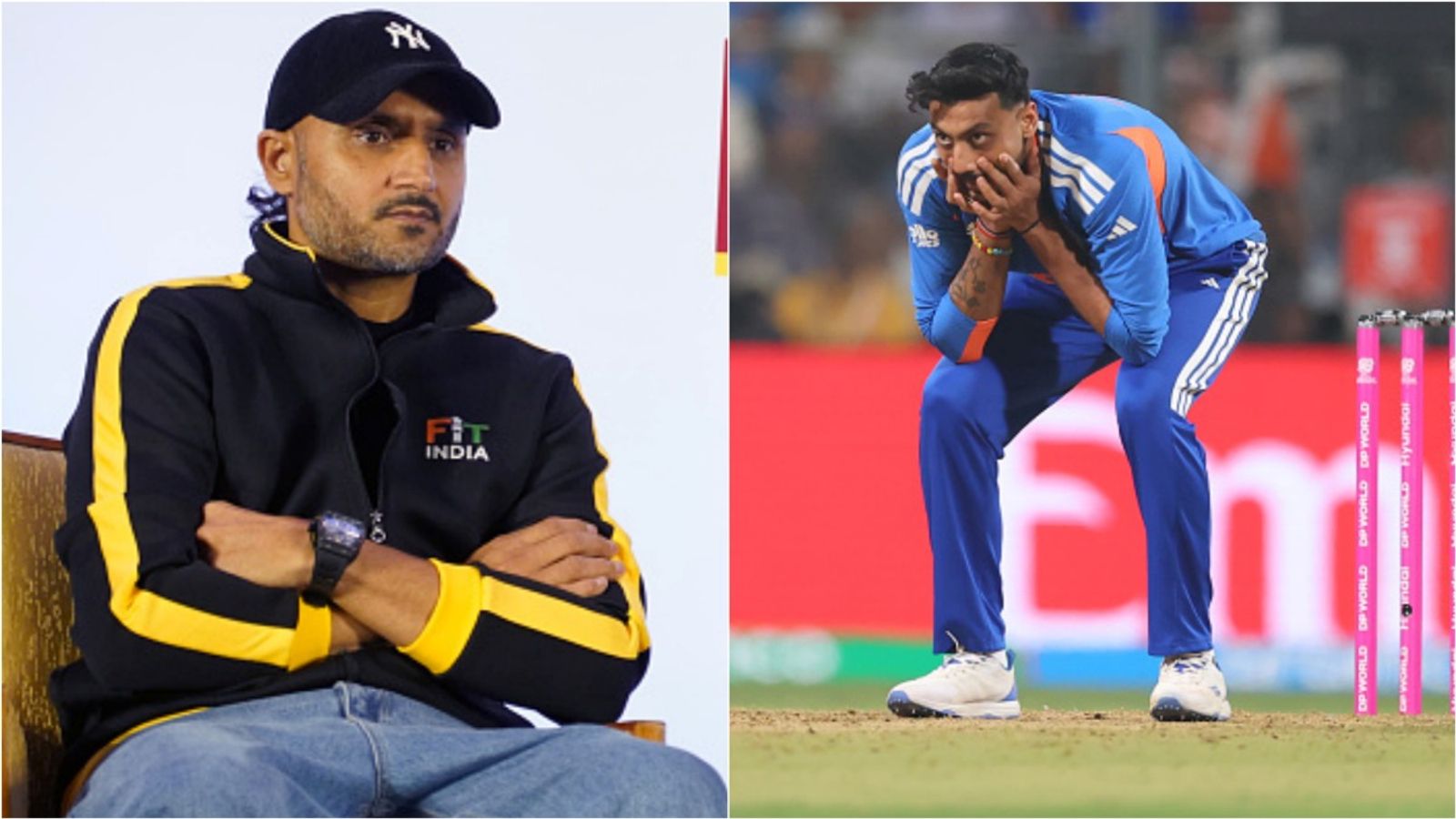 'All these match-ups are useless': Harbhajan Singh slams Team India management for benching Axar Patel Harbhajan Singh at an event; Axar Patel reacts during T20 World Cup 2026 clash.