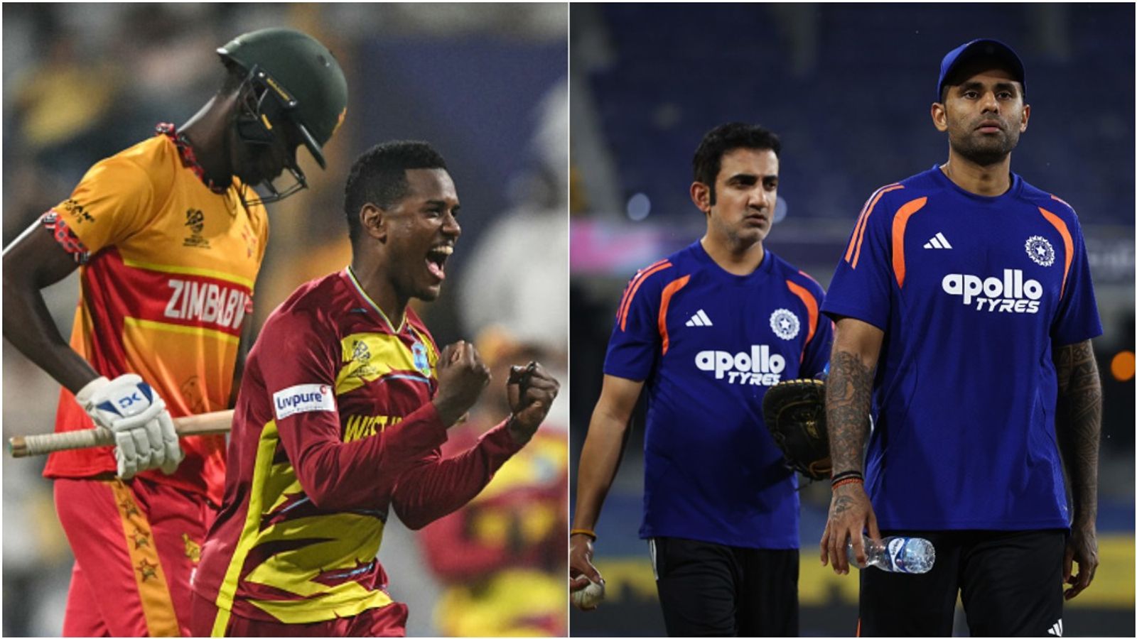 T20 World Cup 2026 semifinal scenario: How West Indies’ big win over Zimbabwe impacts India West Indies' Akeal Hosein (R) celebrates after taking the wicket of Zimbabwe's Blessing Muzarabani and Gautam Gambhir along with Suryakumar Yadav (Getty)