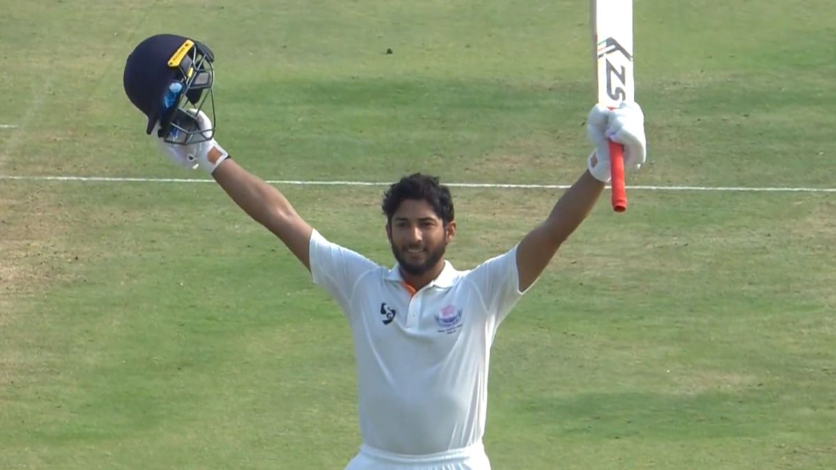 Shubham Pundir celebrating century (X Screengrab)
