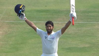 Shubham Pundir’s unbeaten ton powers Jammu & Kashmir to 284/2 on Day 1 of historic Ranji Trophy final Shubham Pundir celebrating century (X Screengrab)