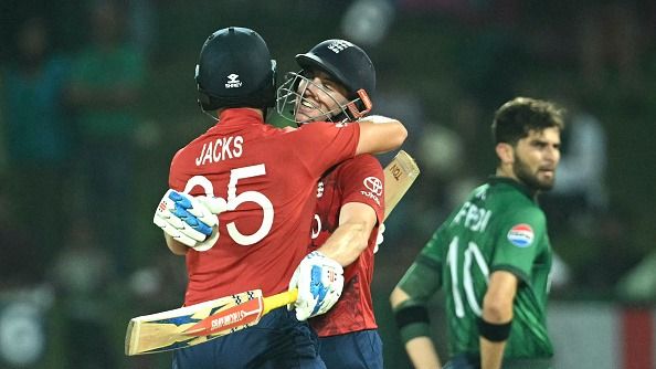 England captain Harry Brook (C) is congratulated by teammate Will Jacks (L) following his century (100 runs) during the 2026 ICC Men's T20 Cricket World Cup Super Eights match between England (Getty) England captain Harry Brook (C) is congratulated by teammate Will Jacks (L) following his century (100 runs) during the 2026 ICC Men's T20 Cricket World Cup Super Eights match between England (Getty)
