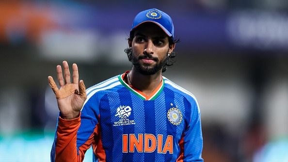 Tilak Varma of India waves towards dans during the ICC Men's T20 World Cup India & Sri Lanka 2026 Super 8 match between India and Zimbabwe at MA Chidambaram Stadium (Getty)