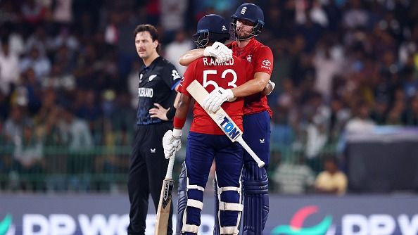 England's Rehan Ahmed and Will Jacks celebrate after beating New Zealand. (Getty)