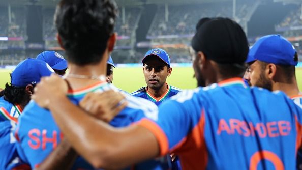 Suryakumar Yadav of India talks with his team during the ICC Men's T20 World Cup India & Sri Lanka 2026 Super 8 match (Getty)