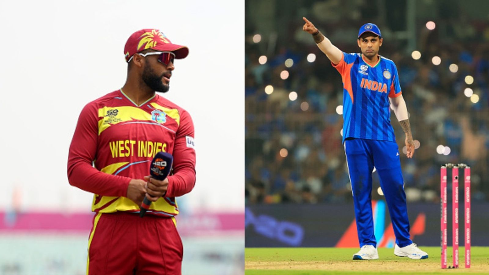 T20 World Cup: India opt to field first in crunch clash vs West Indies, know playing XIs here West Indies' Shai Hope (L) and India's Suryakumar Yadav in frame. (Getty)