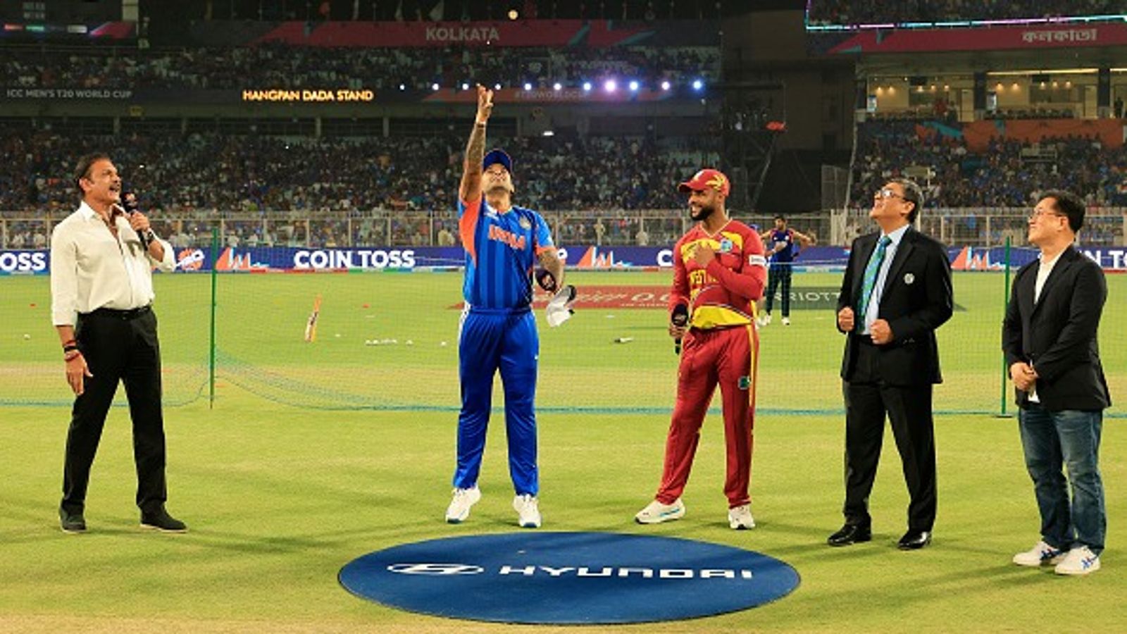 'There will be tension': Suryakumar Yadav's honest confession during IND vs WI toss India's Suryakumar Yadav (2nd from L) flips the coin as West Indies' Shai Hope looks on ahead of their Super 8 clash. (Getty)