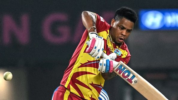 West Indies' Shimron Hetmyer plays a shot during the 2026 ICC Men's T20 Cricket World Cup Super Eights match between India and West Indies at the Eden Gardens in Kolkata (Getty)