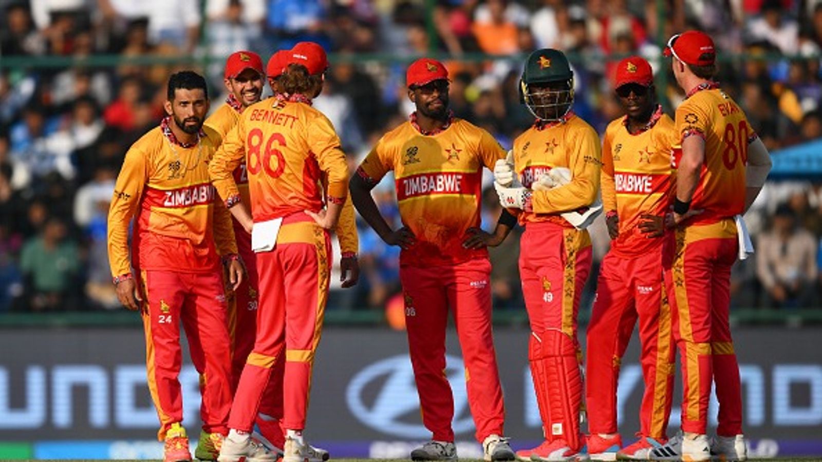 Zimbabwe team to remain in India despite getting knocked out of T20 World Cup, Know why Zimbabwe captain Sikandar Raza (L) celebrates with his teammates in this frame. (Getty)