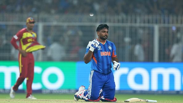 India's star batter Sanju Samson celebrates after match-winning knock against West Indies. (Getty) India's star batter Sanju Samson celebrates after match-winning knock against West Indies. (Getty)