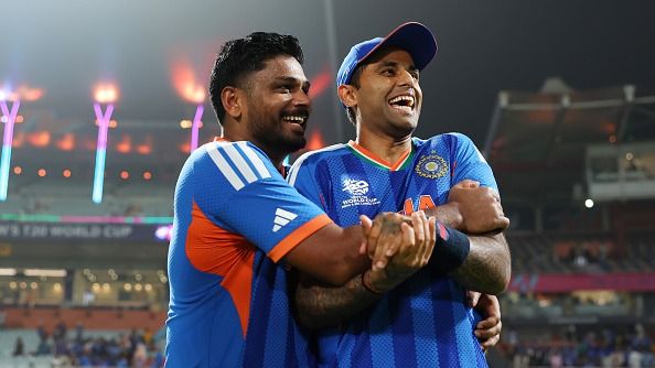 Sanju Samson and Suryakumar Yadav of India celebrate following the ICC Men's T20 World Cup India & Sri Lanka 2026 Super 8 match between India and West Indies (Getty) Sanju Samson and Suryakumar Yadav of India celebrate following the ICC Men's T20 World Cup India & Sri Lanka 2026 Super 8 match between India and West Indies (Getty)