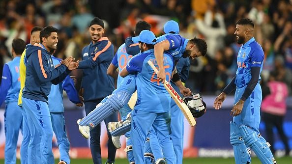 Virat Kohli celebrates with Rohit Sharma and Hardik Pandya (R) after India won the ICC Men's T20 World Cup match between India and Pakistan at Melbourne Cricket Ground Virat Kohli celebrates with Rohit Sharma and Hardik Pandya (R) after India won the ICC Men's T20 World Cup match between India and Pakistan at Melbourne Cricket Ground