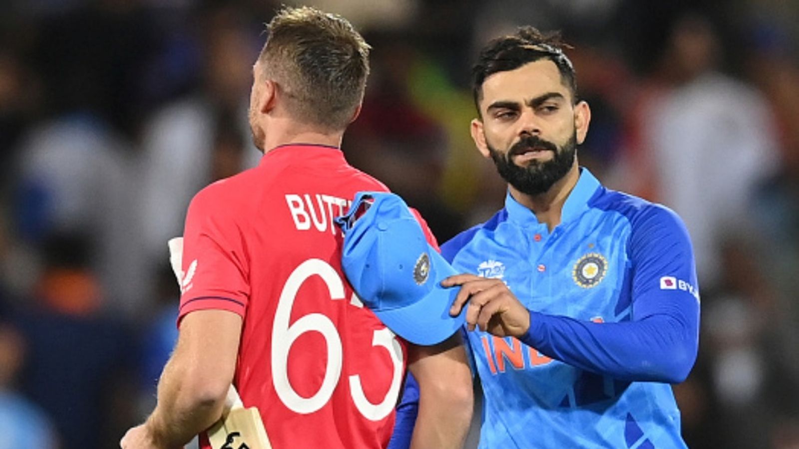 Jos Buttler just 5 runs away from breaking Virat Kohli's colossal T20I record in T20 World Cup 2026 semifinal Jos Buttler is congratulated by Virat Kohli after England won the ICC Men's T20 World Cup semi final match by 10 wickets at Adelaide Oval on November 10, 2022.