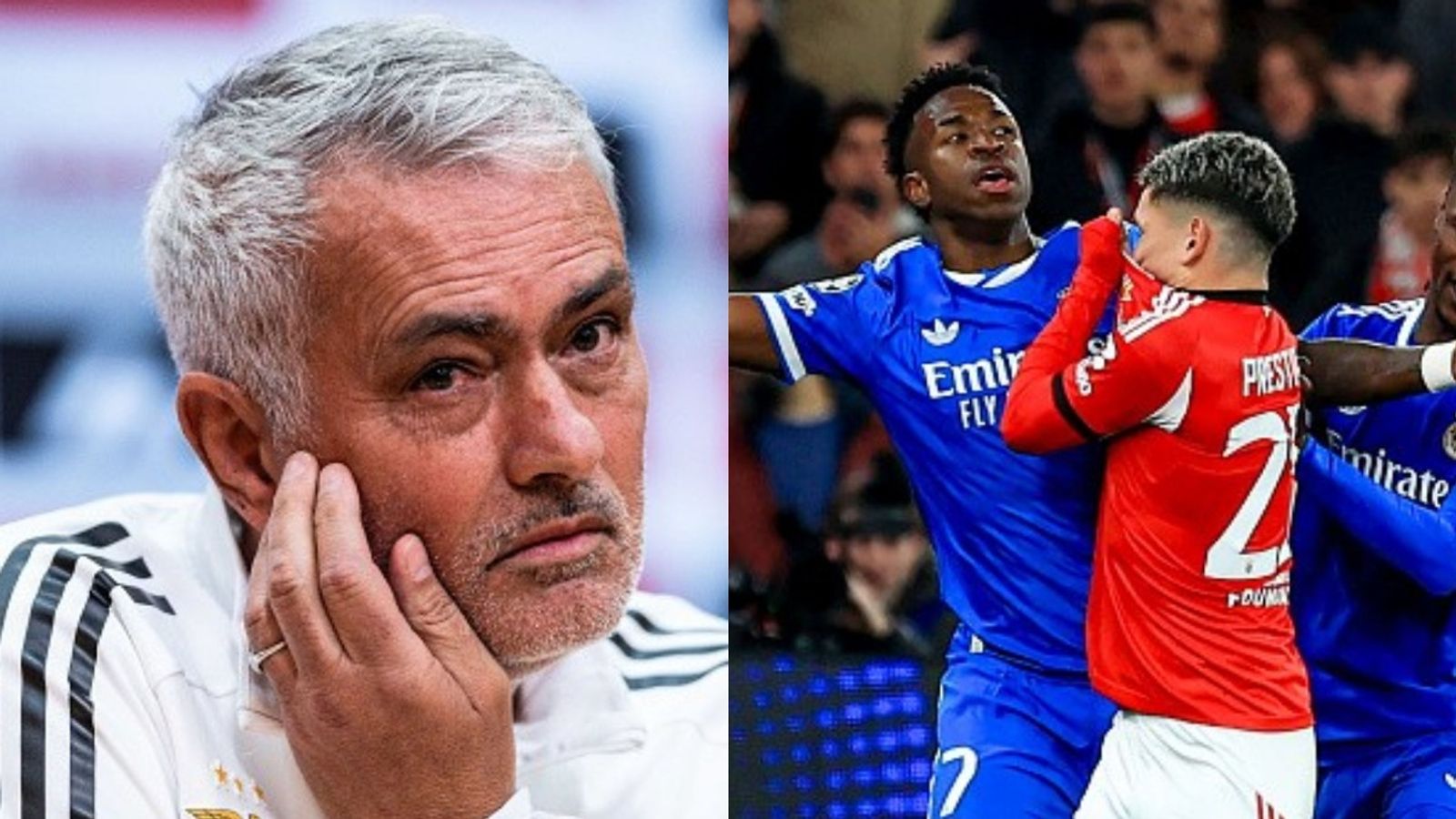 Benfica boss Mourinho takes firm stance on Prestianni amid Vinicius racial abuse allegations Jose Mourinho, Vinicius, Prestiann in the frame (Images via Getty)