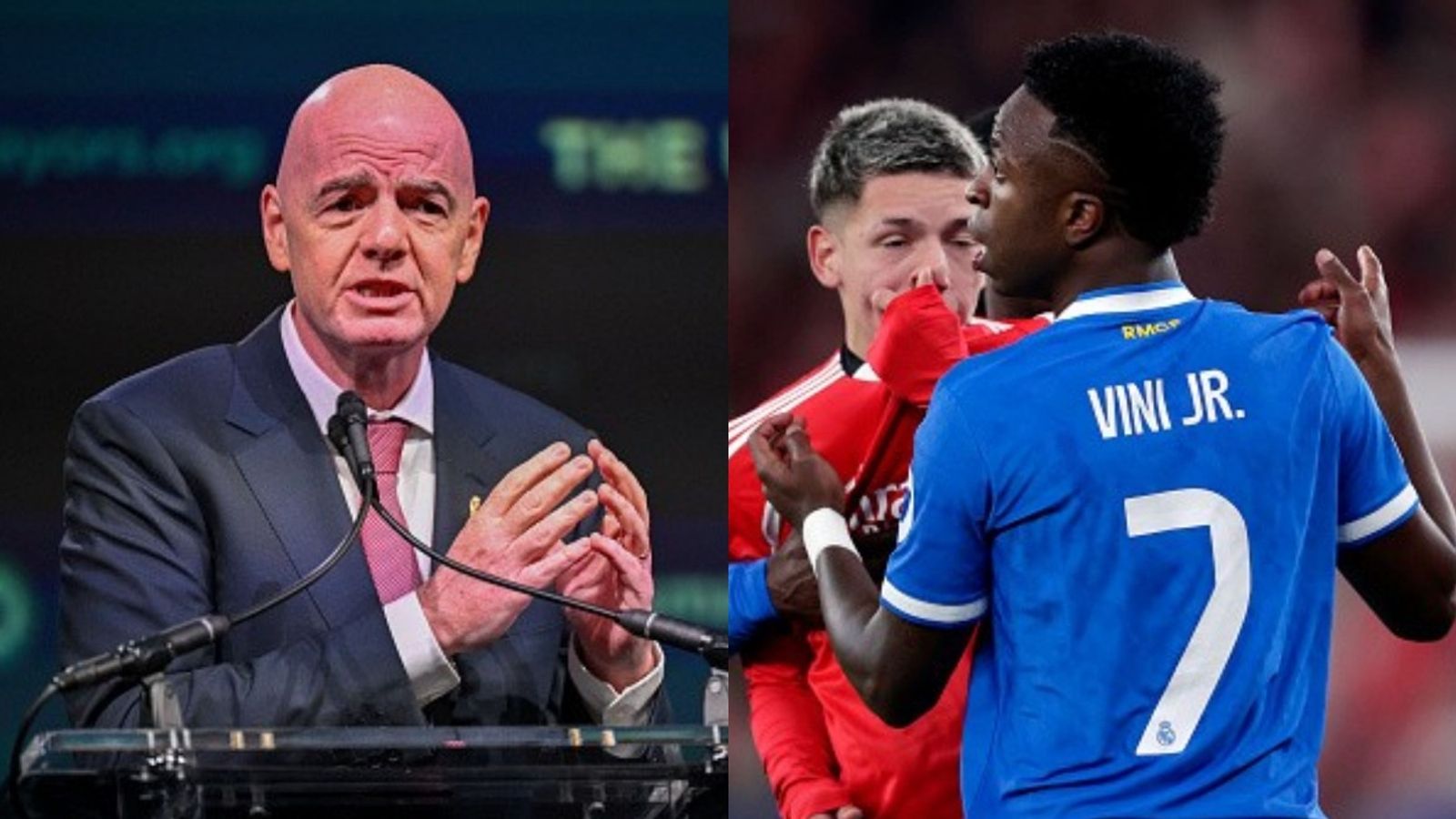FIFA proposes red card for players covering mouths in on-pitch confrontations to fight racism amid Vinicius-Prestianni controversy Gianni Infantino, Vinicius Jr, Prestianni in the frame (Images via Getty)