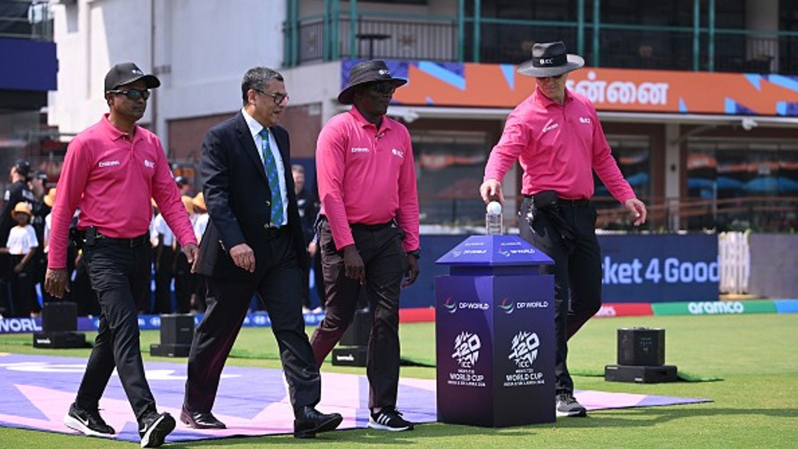 ICC announces umpires, match officials for T20 World Cup 2026 semifinals: Check full list Umpire Alex Wharf walks onto the field with the match ball during the ICC Men's T20 World Cup 2026 match between New Zealand and Afghanistan at MA Chidambaram Stadium on February 08, 2026 in Chennai, India.