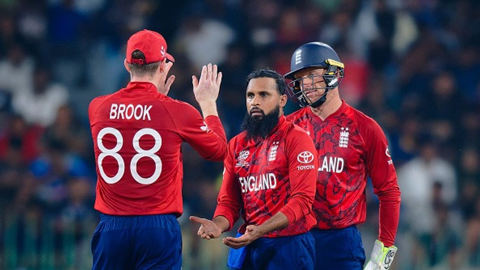 IND vs ENG: Adil Rashid eyes historic milestone in India vs England T20 World Cup 2026 semifinal Adil Rashid and Teammates of England celebrates the wicket of Mark Chapman of New Zealand during the ICC Men's T20 World Cup India & Sri Lanka 2026 (Getty)