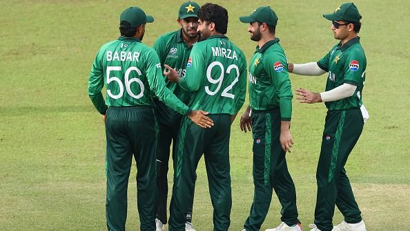 Salman Mirza of Pakistan celebrates taking the wicket of Jan Frylinck of Namibia during the ICC Men's T20 World Cup India & Sri Lanka 2026 (Getty)