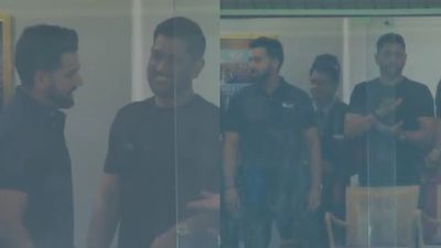 WATCH: Dhoni, Rohit reunite at Wankhede to cheer India in T20 World Cup semifinal vs England Dhoni, Rohit reunite at Wankhede to cheer India in T20 World Cup semifinal vs England. (Screengrab)