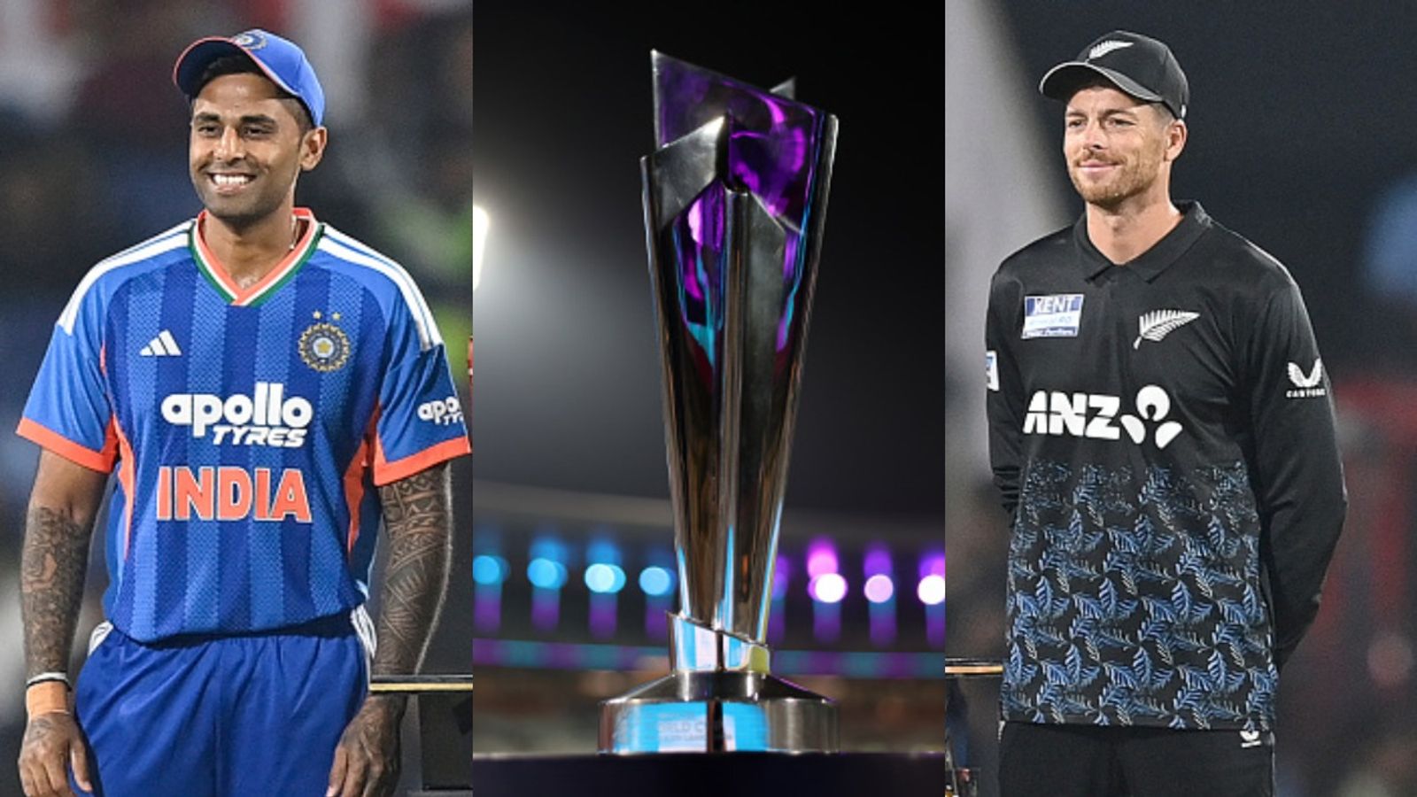 T20 World Cup Final: ICC reveals umpires and referee for India vs New Zealand clash Suryakumar Yadav along with New Zealand counterpart Mitchell Santner and T20 World Cup Trophy (Getty)