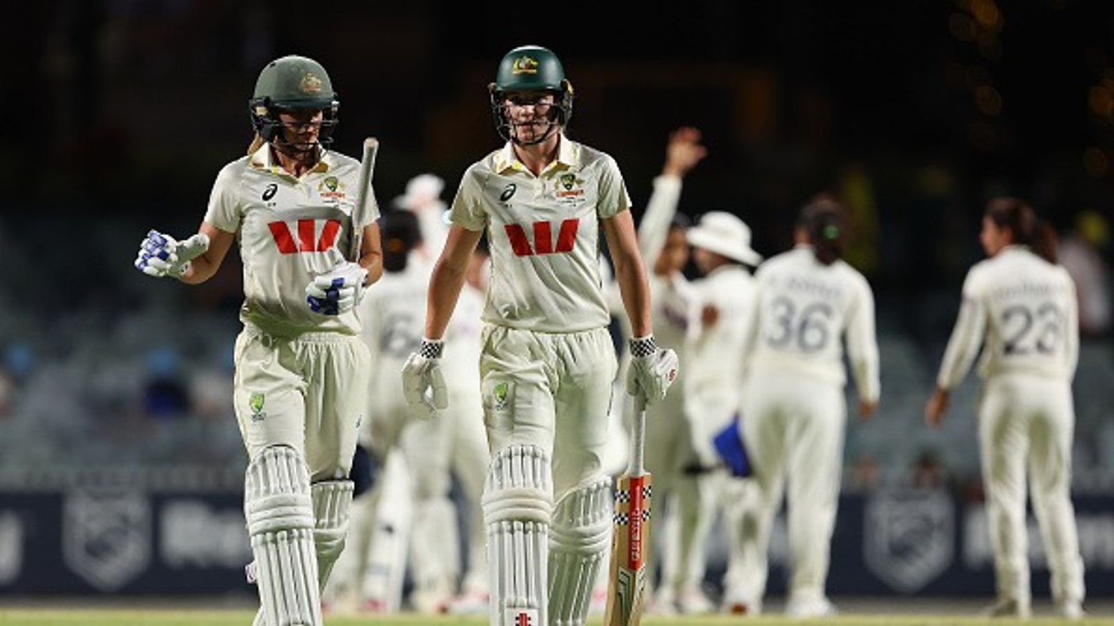Pink-ball Test: Ellyse Perry holds firm as Australia recover to 96/3 after India’s early damage Ellyse Perry and Annabel Sutherland of Australia walk from the field at stumps on day one of the Women's Test Match between Australia and India at the WACA ground on March 06, 2026 in Perth, Australia.
