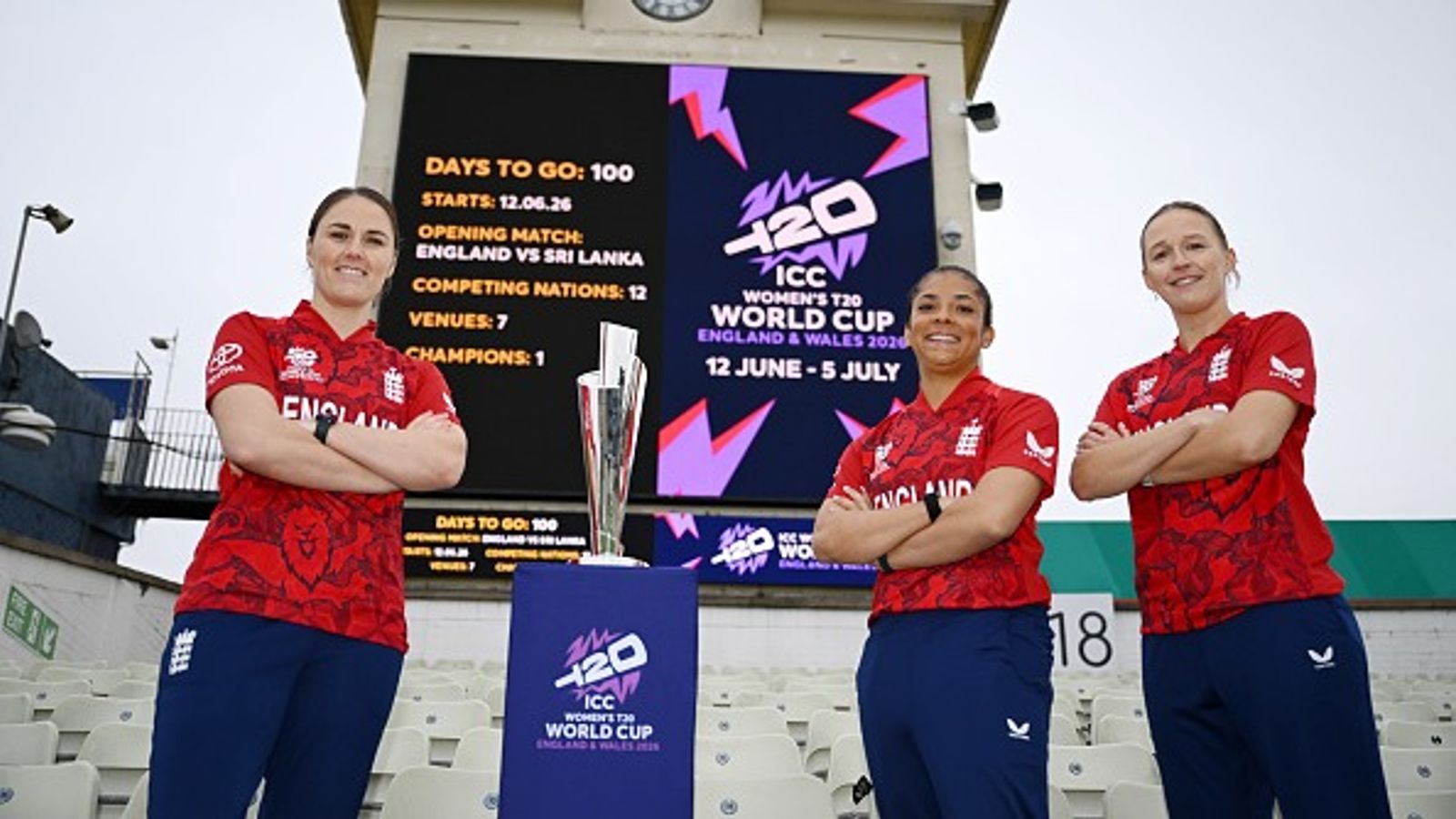 England adjust pre-World Cup camp from Abu Dhabi amid Middle East conflict England Captain Nat Sciver-Brunt (L), Sophia Dunkley (C) of England and Lauren Filer of England pose with the ICC Women's T20 World Cup Trophy and the Edgbaston scoreboard (Getty)