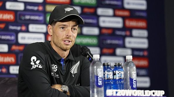  Mitchell Santner, Captain of New Zealand talks to media during a press conference during an ICC Men's T20 World Cup India & Sri Lanka 2026 net session at the Narendra Modi Stadium on March 07, 2026 (Getty)