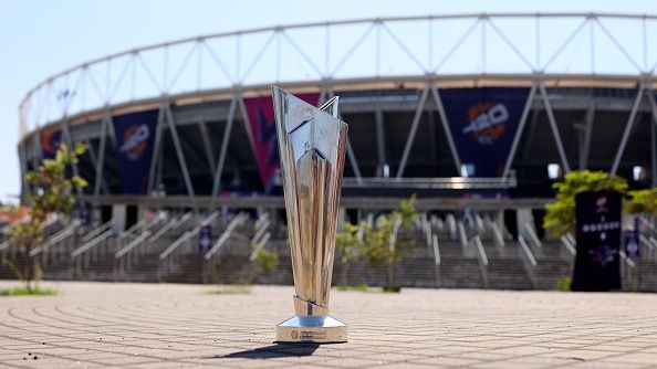 A detailed view of the ICC Men's T20 World Cup Trophy during an ICC Men's T20 World Cup India & Sri Lanka 2026 net session at Narendra Modi Stadium on March 07, 2026 in Ahmedabad, India. (Getty)