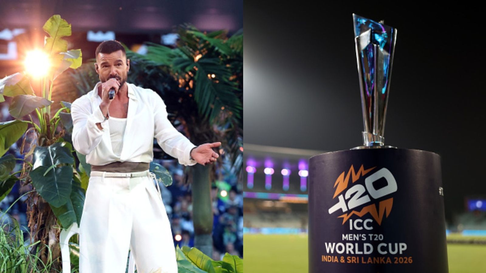Ricky Martin to light up T20 World Cup 2026 closing ceremony; check full celebrity line-up and timing Puerto Rican singer Ricky Martin (L) and T20 World Cup 2026 trophy in this frame. (Getty)