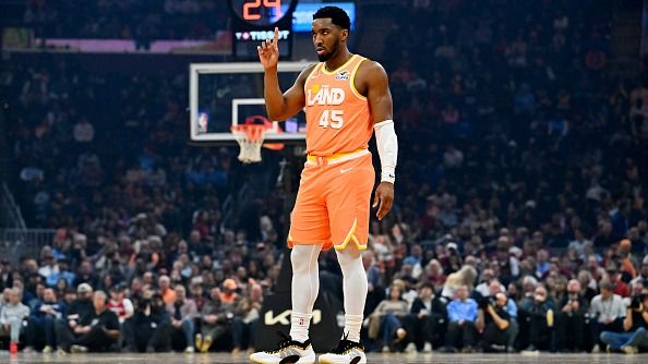 Donovan Mitchell #45 of the Cleveland Cavaliers reacts during the first quarter against the New York Knicks at Rocket Arena on February 24, 2026 in Cleveland, Ohio.