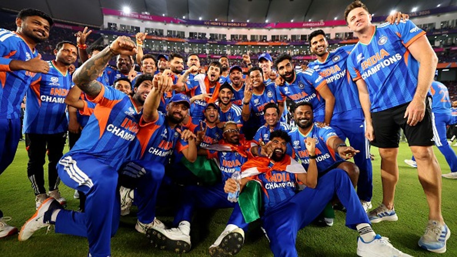 'No match for the explosive cricket...': Virat Kohli's emotional social media post post after India's T20 World Cup 2026 win goes viral India players pose for a photo as they celebrate victory after the ICC Men's T20 World Cup India & Sri Lanka 2026 Final between India and New Zealand at Narendra Modi Stadium (Getty)