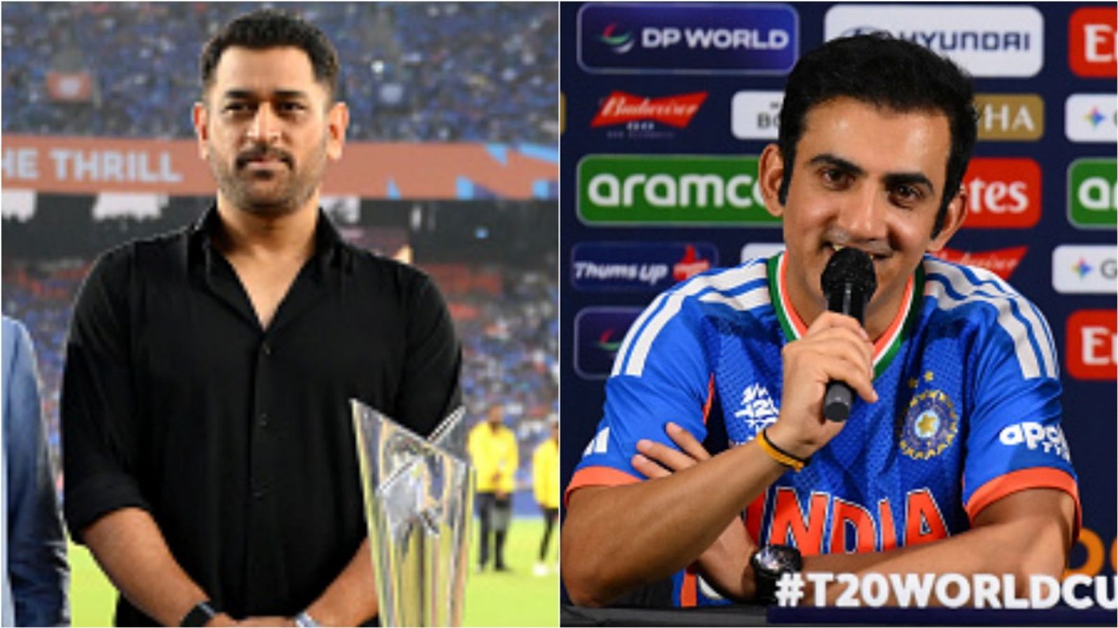 Gautam Gambhir reacts to MS Dhoni's 'Coach Sahab smile looks great on you' post Former India skipper MS Dhoni poses with the T20 World Cup 2026 trophy; Head coach Gautam Gambhir speaks at a press conference.