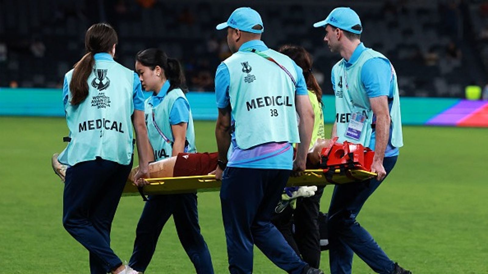 Two India stars suffer nasty injuries, stretchered off and rushed to the hospital Paramedics carry India's Sweety Devi Ngangbam off the field on a stretcher during the AFC Women's Asian Cup Australia 2026 match against Chinese Taipei. (Getty)