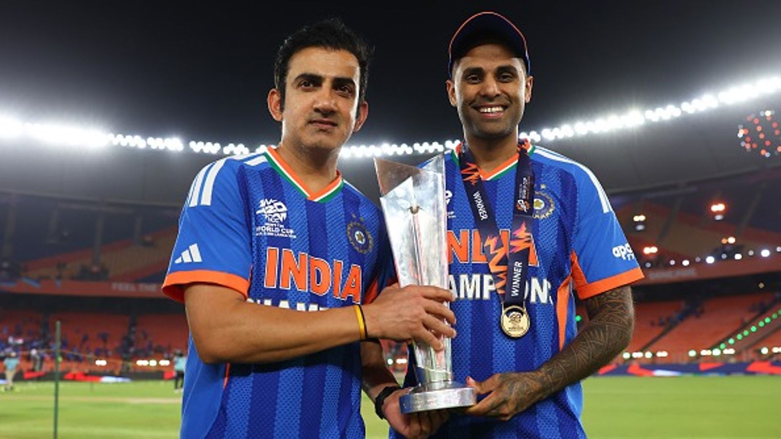 'He put the trophy in front of us and...': Suryakumar Yadav reveals Gautam Gambhir's chat with Team after T20 World Cup 2026 win Gautum Gambhir, Head Coach of India and Suryakumar Yadav of India pose with the trophy after victory in the ICC Men's T20 World Cup India & Sri Lanka 2026 Final between India and New Zealand at Narendra Modi Stadium (Getty)