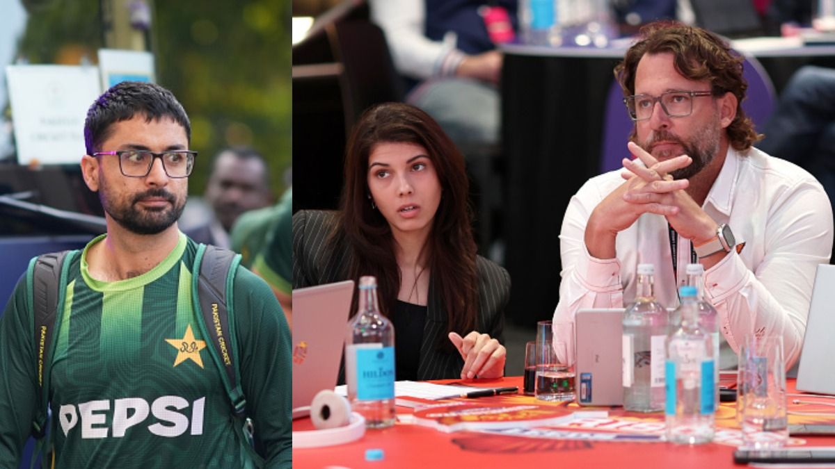 Abrar Ahmed along with Kaviya Maran, Chief Executive of Sunrisers Leeds and Daniel Vettori, Head Coach of Sunrisers Leeds (Getty)