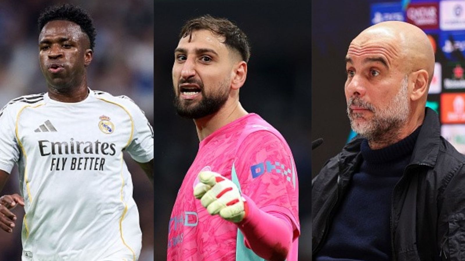 Guardiola backs Donnarumma over penalty in Man City’s heavy defeat to Real Madrid Vinicius Jr, Gigi Donnarumma, Pep Guardiola in the frame (Images via Getty)