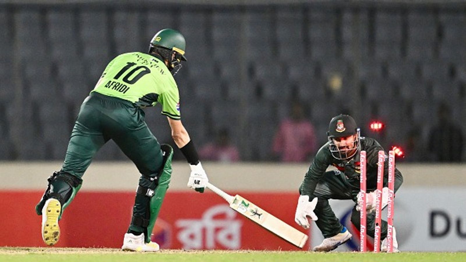 BAN vs PAK: Pakistan cry foul after ODI series loss vs Bangladesh, lodge complaint over controversial DRS call Bangladesh's wicketkeeper Litton Das (R) stumps Pakistan's Shaheen Shah Afridi (L) during the third one-day international (ODI) cricket match between Bangladesh and Pakistan at Sher-e-Bangla National Stadium (Getty)