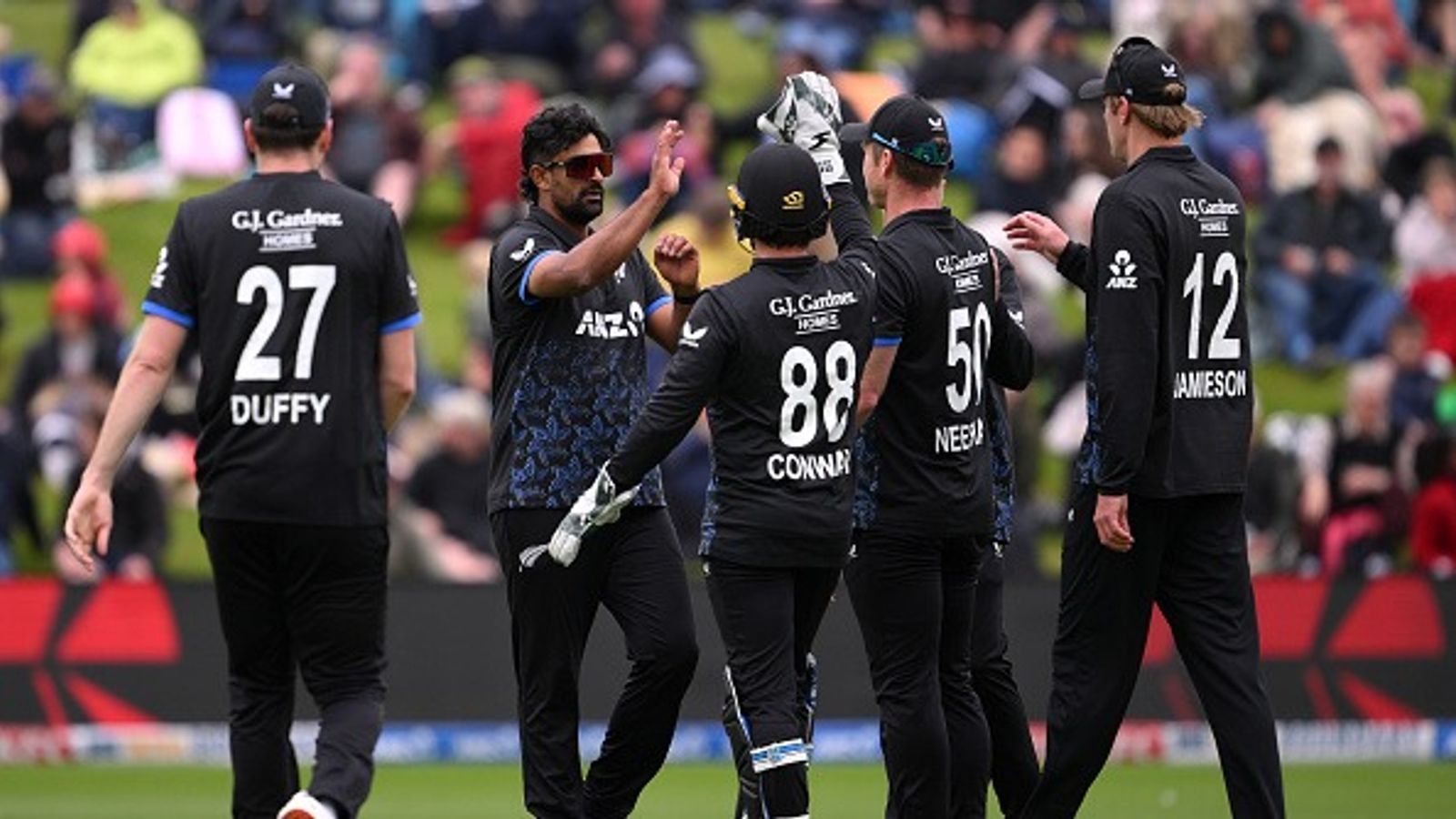 Massive blow for New Zealand, spinner with 284 wickets ruled out of T20I series against South Africa Ish Sodhi of New Zealand celebrates with teammates after taking a wicket. (Getty)