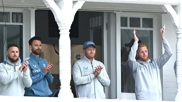 England captain Ben Stokes (R), coach Brendon McCullum (L), James Foster and Jonathan Bairstow (2nd from L) in this frame. (Getty)