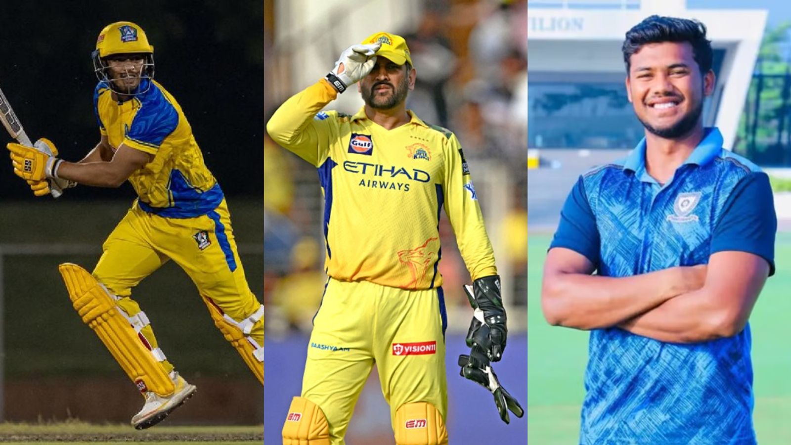 'Dhoni told me to save my...': Prashant Veer, Kartik Sharma reveal MSD's crucial advice at CSK camp CSK's Prashant Veer (L), MS Dhoni (C) and Kartik Sharma in frame. (X-Getty)