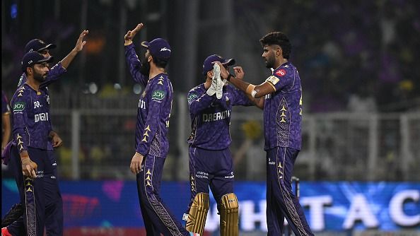 Harshit Rana (R) of Kolkata Knight Riders celebrates the wicket of Ravichandran Ashwinl of Chennai Super Kings with teammates during the 2025 IPL match between Kolkata Knight Riders and Chennai Super Kings (Getty)