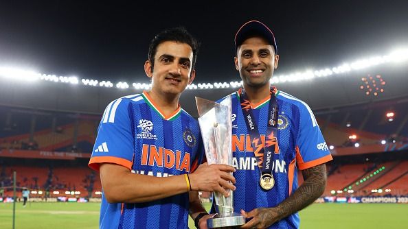 Gautum Gambhir, Head Coach of India and Suryakumar Yadav of India pose with the trophy after victory in the ICC Men's T20 World Cup India & Sri Lanka 2026 Final between India and New Zealand (Getty)