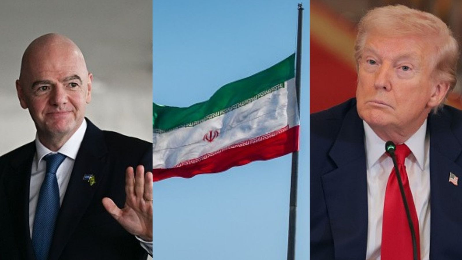 Iran in talks with FIFA to move their World Cup matches to Mexico from USA after Trump’s safety threats amid Middle East conflict Gianni Infantino, Iran flag, Donald Trump in the frame (Images via Getty)