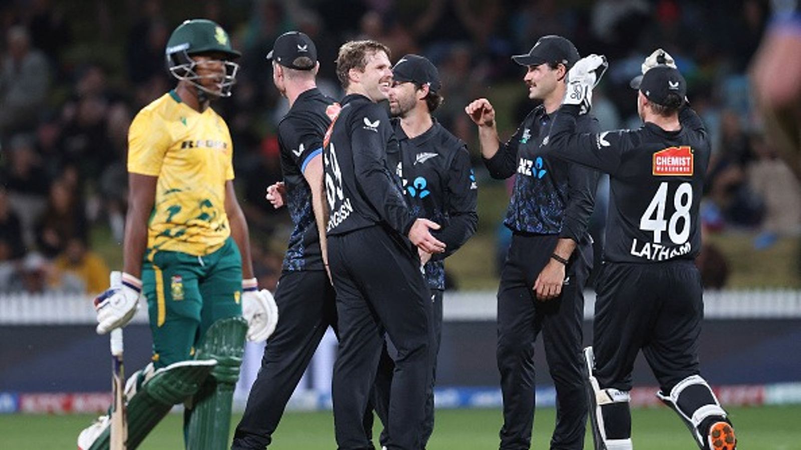 NZ vs SA: Devon Conway's fifty and bowlers star as New Zealand hammer South Africa by 68 runs New Zealand's Lockie Ferguson (C) celebrates the wicket of South Africa's Nqobani Mokoena (L) during the second Twenty20 international cricket match between New Zealand and South Africa (Getty)