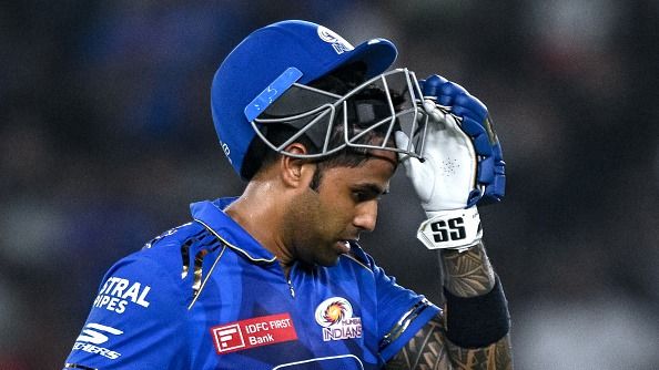 Mumbai Indians' Suryakumar Yadav gestures as he walks back to the pavilion after his dismissal during the Indian Premier League (IPL) Twenty20 second Qualifier cricket match between Punjab Kings and Mumbai Indians (Getty)