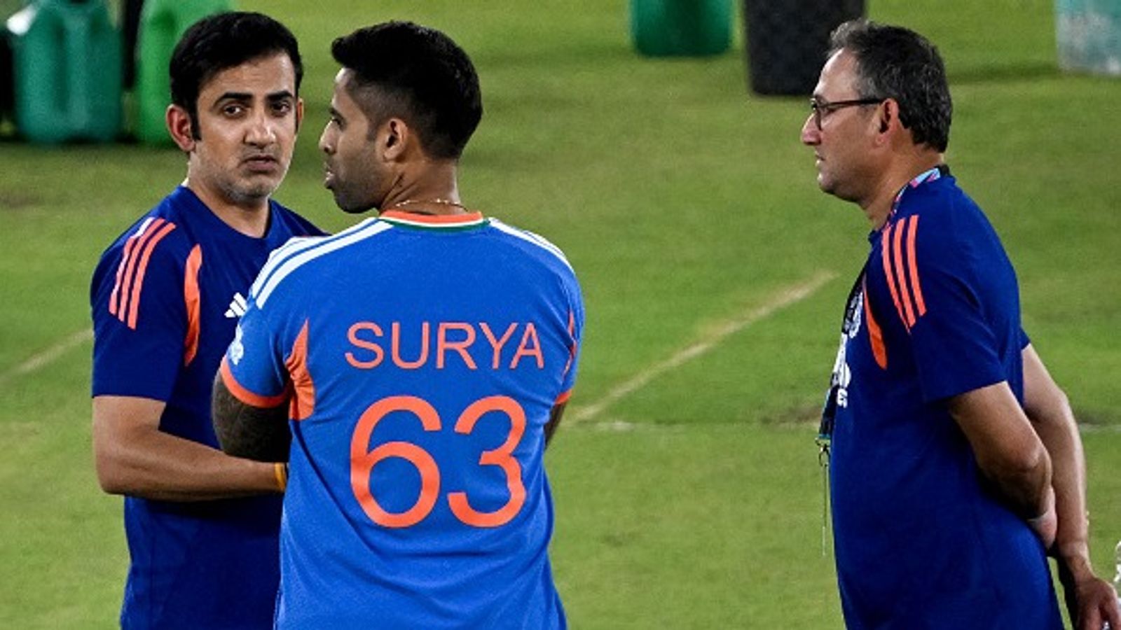 Ajit Agarkar makes big ask from BCCI for ODI World Cup 2027 after India's T20 World Cup glory India's captain Suryakumar Yadav (2L) interacts with head coach Gautam Gambhir (L) and chairman of the Indian cricket selection committee Ajit Agarkar in fame. (Getty)