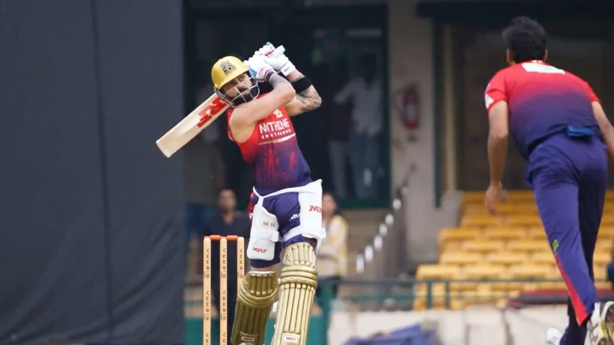 Virat Kohli smashing a six during RCB training session (X RCB screengrab) Virat Kohli smashing a six during RCB training session (X RCB screengrab)
