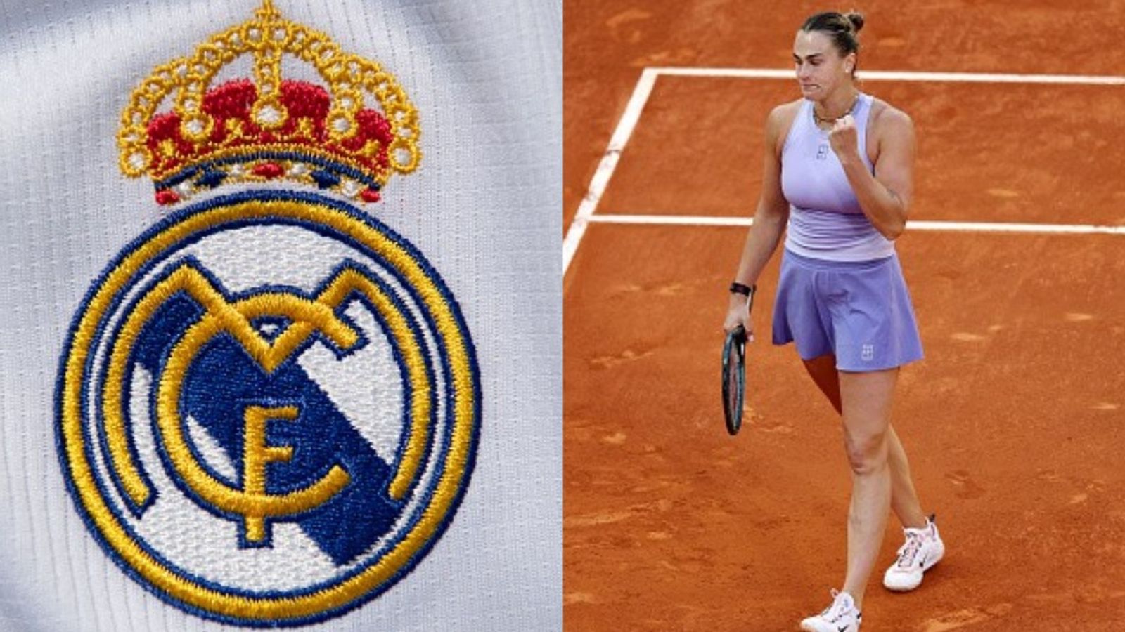After hosting NFL, Real Madrid’s Bernabeu to become tennis court for clay tournament ahead of French Open 2026 Real Madrid logo, Aryna Sabalenka in the frame (Images via Getty)