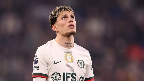 Alejandro Garnacho of Chelsea reacts during the Premier League match between Everton and Chelsea at Hill Dickinson Stadium on March 21, 2026 in Liverpool, England.